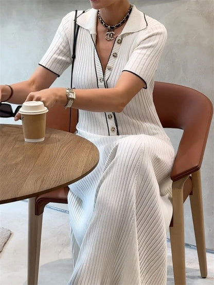 Knit Short Sleeve Charming Collar Maxi Dress