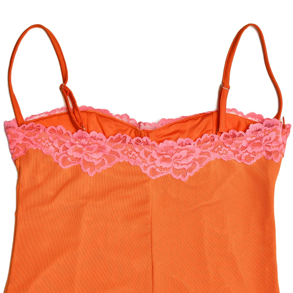 Orange Mesh Lace Charming Patchwork Cami Maxi Dress