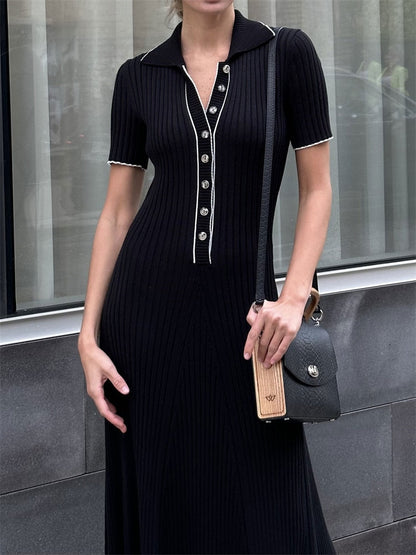 Knit Short Sleeve Charming Collar Maxi Dress