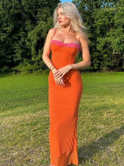 Orange Mesh Lace Charming Patchwork Cami Maxi Dress