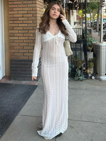 White Lace Mesh Layered Graceful Long Sleeve Maxi Dress