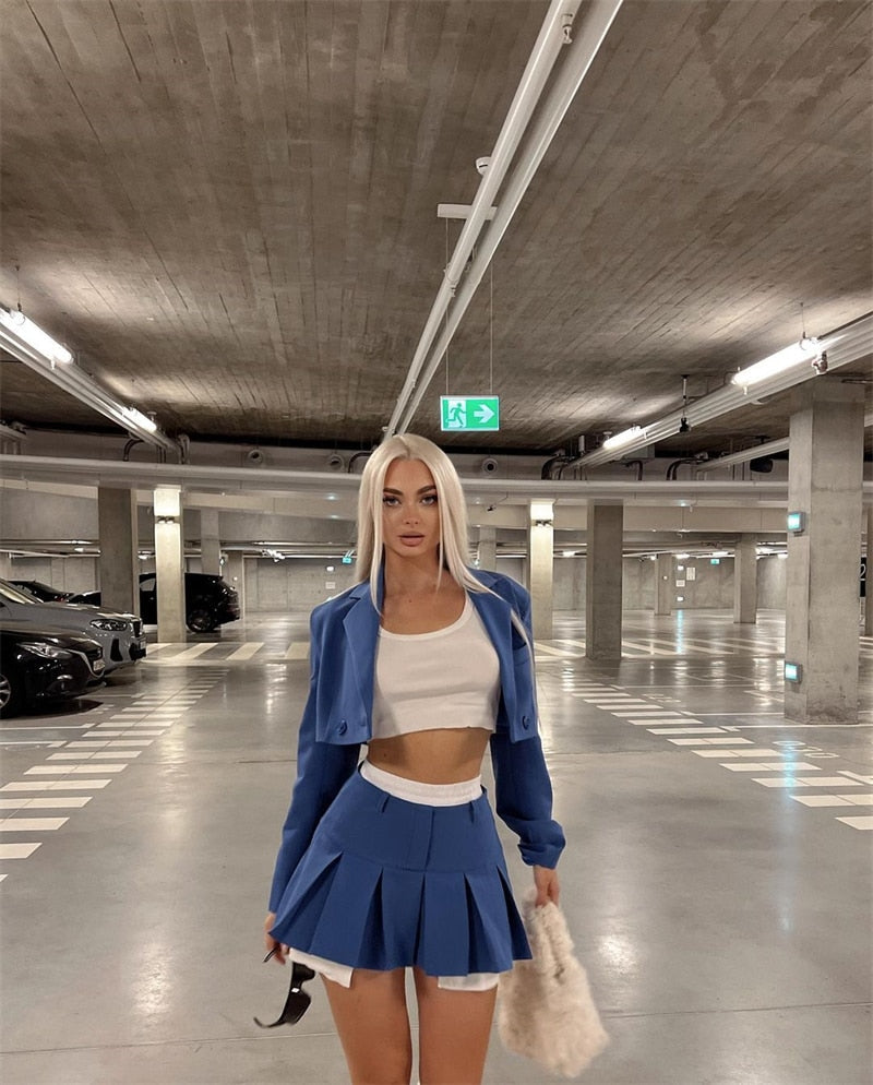 Cropped Blazer And Charming Pleated Mini Skirt Set