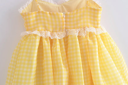 Yellow Plaid Puff Charming Babydoll Mini Dress