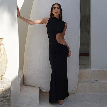 Black Mock Neck Tank Graceful Side Cut Out Maxi Dress