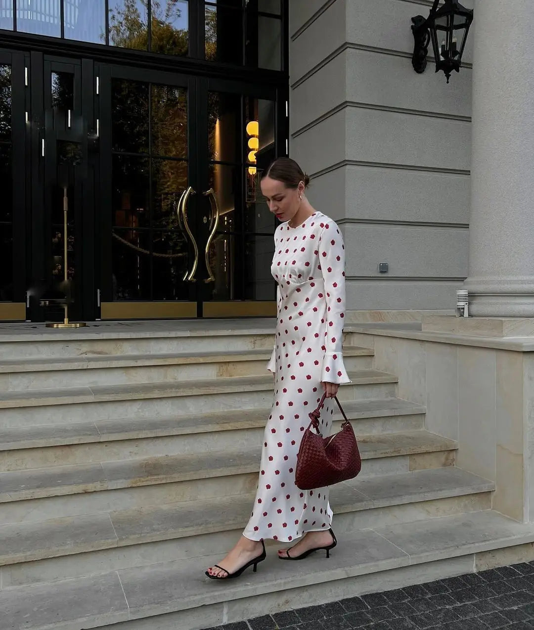 White Satin Red Flower Graceful Print Long Sleeve Maxi Dress