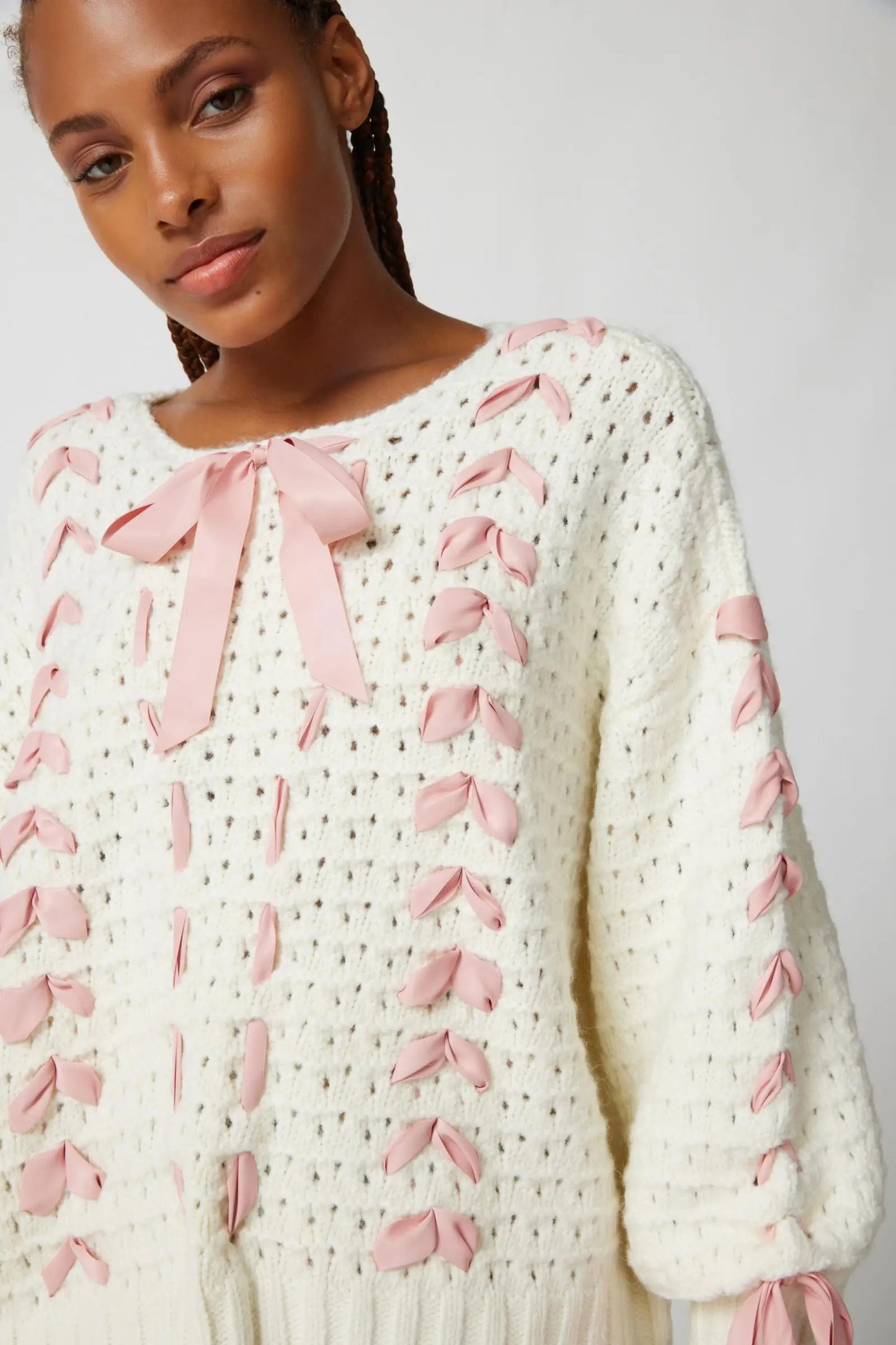 White Cabel Knit Charming Pink Ribbon Bow Sweater