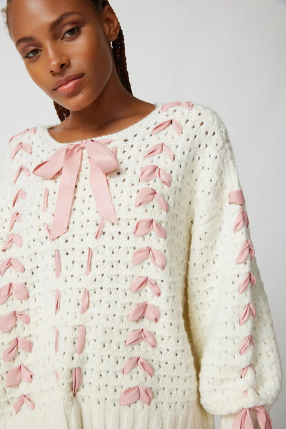 White Cabel Knit Charming Pink Ribbon Bow Sweater