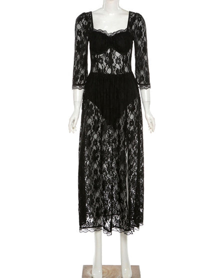 Black Lace Mesh Charming Long Sleeve Midi Dress