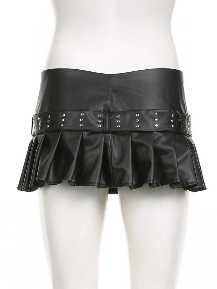 Black Pleated Belted Charming Slit Micro Mini Skirt