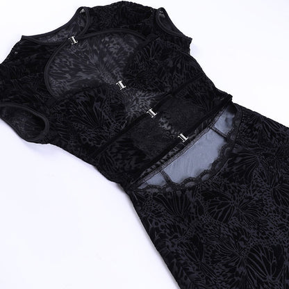 Black Lace Sheer Front Cut Trendy Out Design Short Sleeve Mini Dress