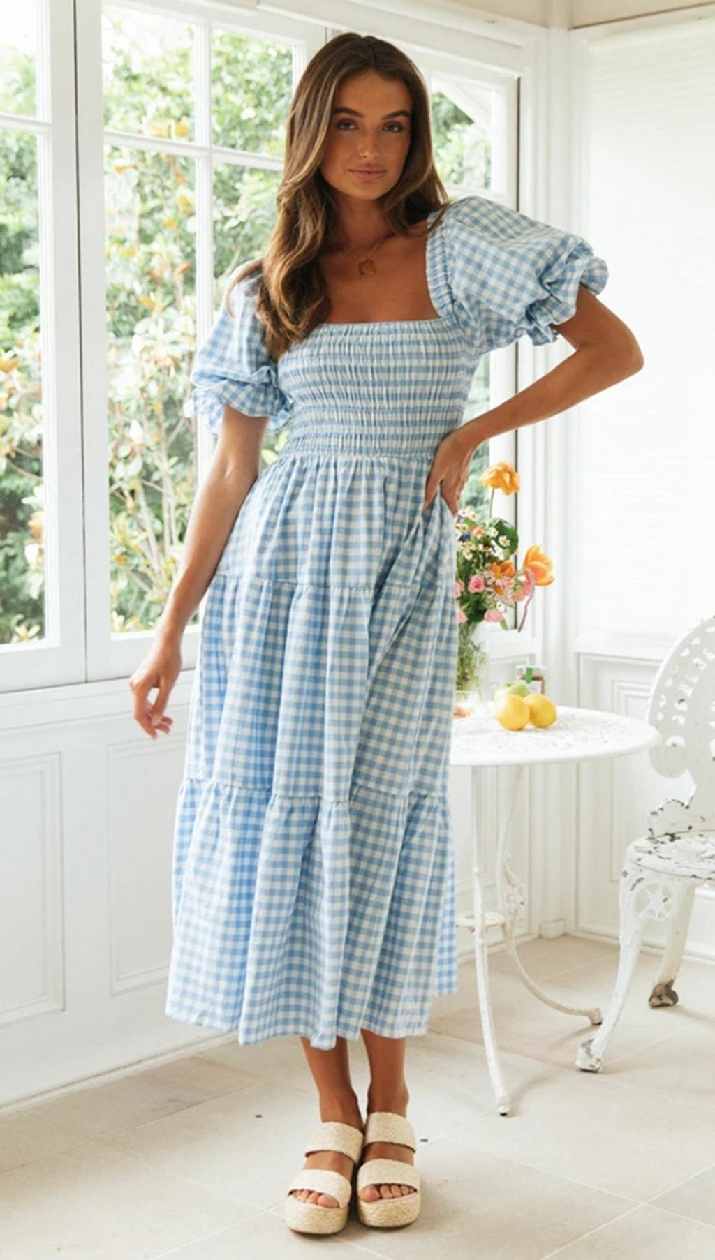 Plaid Puff Stylish Sleeve Midi Dress