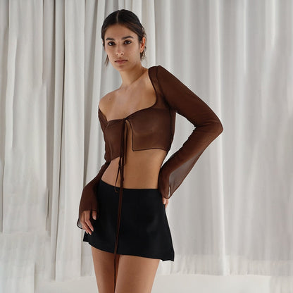 Mesh Tie-Up Long Sleeve Graceful Square Neck Crop Top