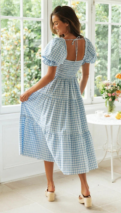 Plaid Puff Stylish Sleeve Midi Dress