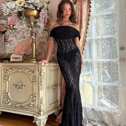 Black Sheer Lace Charming Off Shoulder Maxi Dress