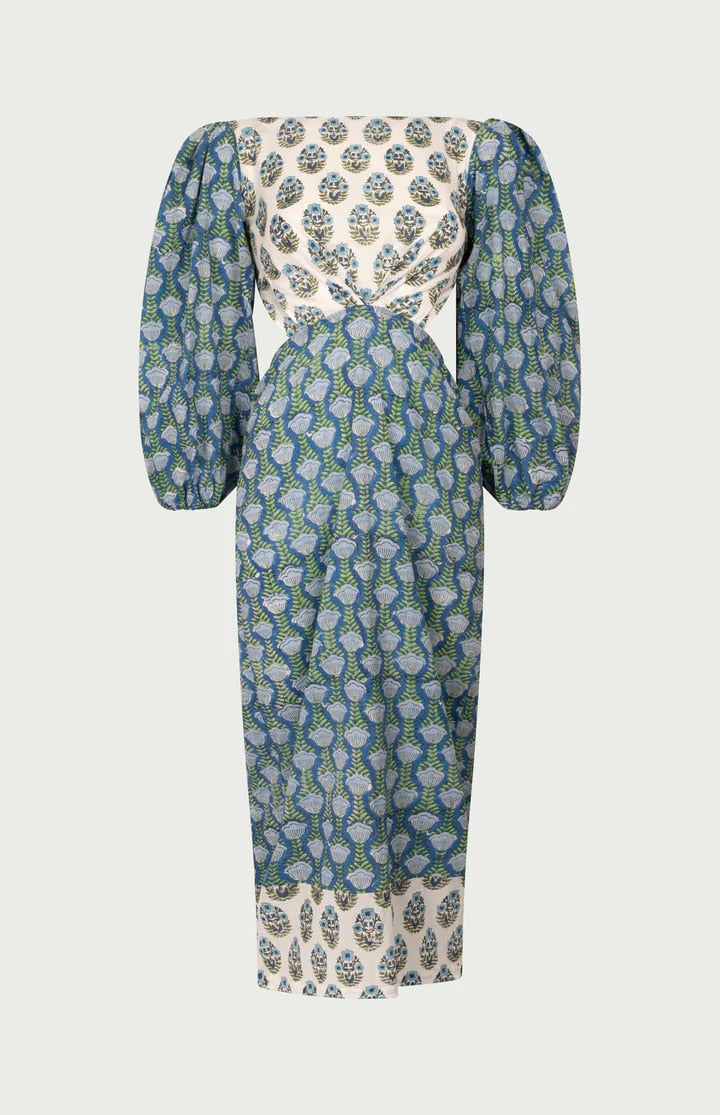 Printed Long Puff Sleeve Back Bow Maxi Dress - Free From Label