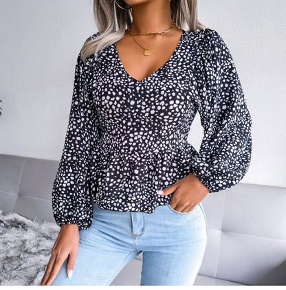 BerriesJam - Casual Lantern Sleeve Leopard Print Chiffon Blouse