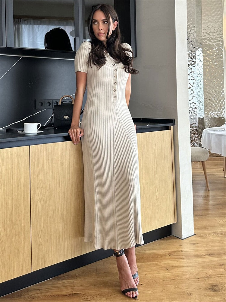 Knit Short Sleeve Charming Collar Maxi Dress