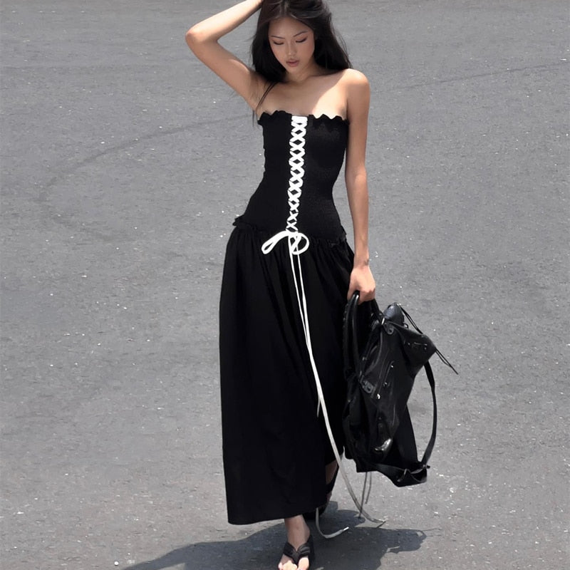 Black Tube Ruched Charming Lace Up Maxi Dress