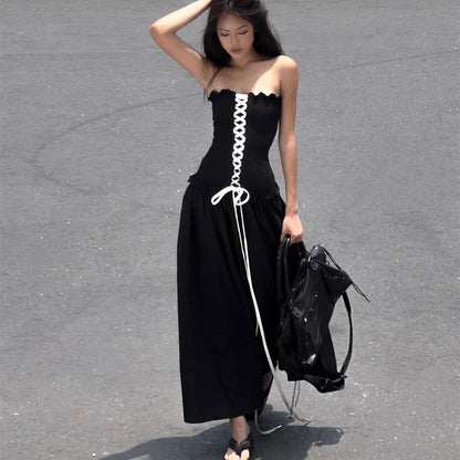 Black Tube Ruched Charming Lace Up Maxi Dress