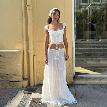 White Lace Tie-Up Top Graceful And Maxi Skirt Set