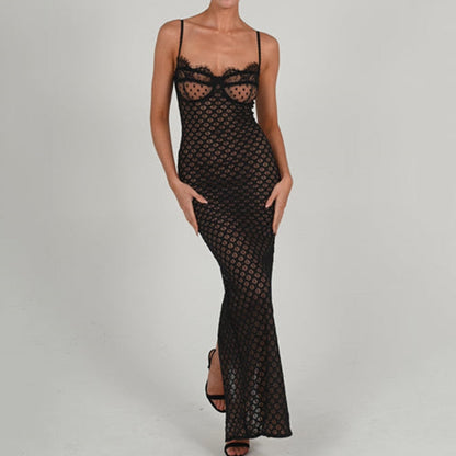 Black Polka Dot Lace Graceful Sheer Cupped Maxi Dress