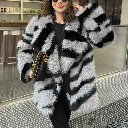 Zebra Striped Stylish Faux Fur Coat