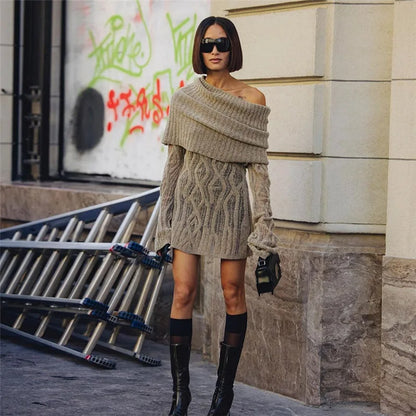 Sheer Knitted Stylish Off-Shoulder Mini Dress