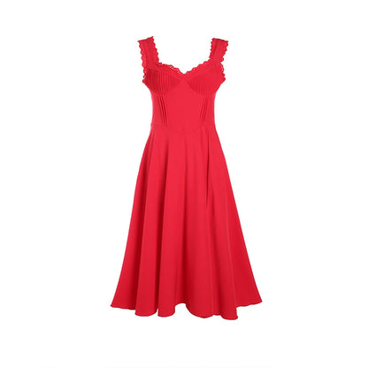 V-neck Doily Trim Charming Frill Midi Dress