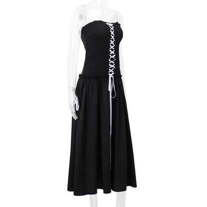 Black Tube Ruched Charming Lace Up Maxi Dress