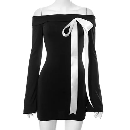 Black Off-Shoulder Long Charming Sleeve Bow Mini Dress