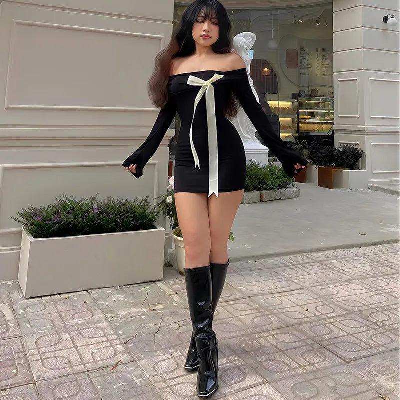 Black Off-Shoulder Long Charming Sleeve Bow Mini Dress