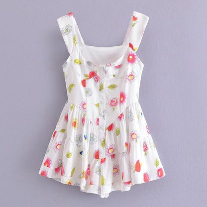 White Flower Print Charming Short Sleeve Mini Dress