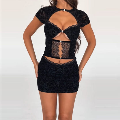 Black Lace Sheer Front Cut Trendy Out Design Short Sleeve Mini Dress