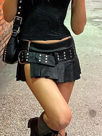 Black Pleated Belted Charming Slit Micro Mini Skirt