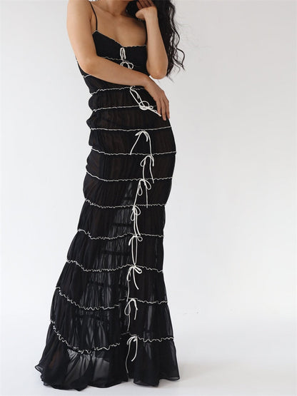 Black Bow Scrunched Charming Ruched Maxi Mesh Dress