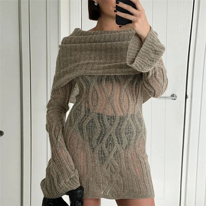 Sheer Knitted Stylish Off-Shoulder Mini Dress