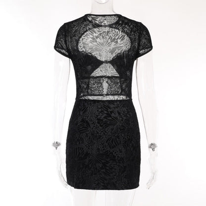 Black Lace Sheer Front Cut Trendy Out Design Short Sleeve Mini Dress