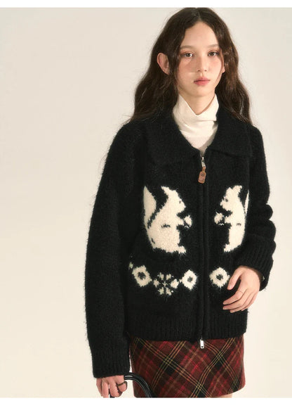 Squirrel Graphic Stylish Zipper Cardigan