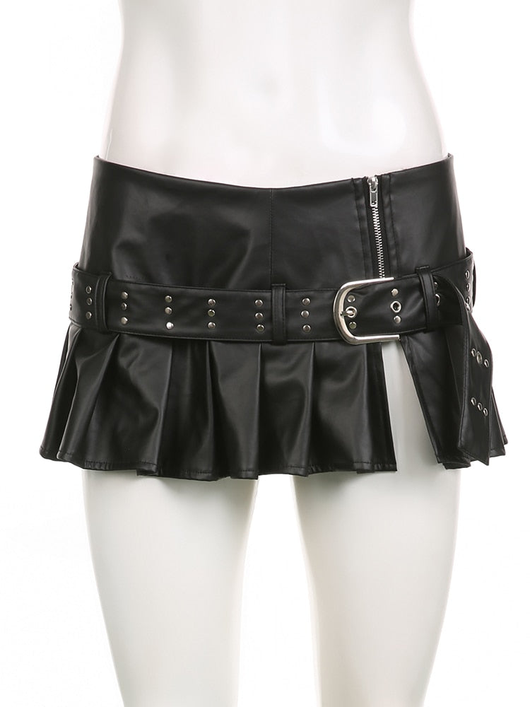 Black Pleated Belted Charming Slit Micro Mini Skirt