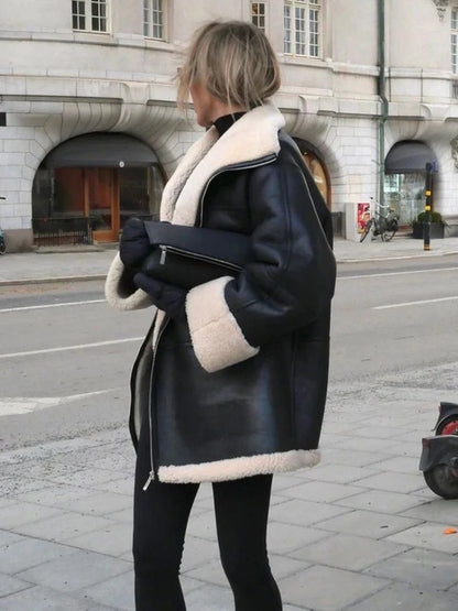 Black Faux Leather Charming Fur Lining Coat