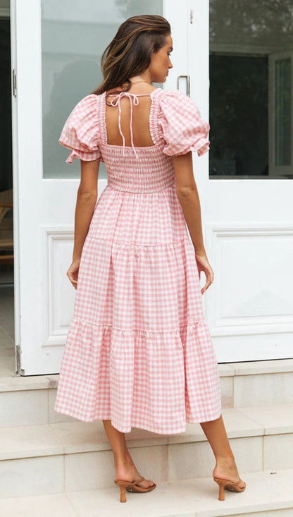 Plaid Puff Stylish Sleeve Midi Dress