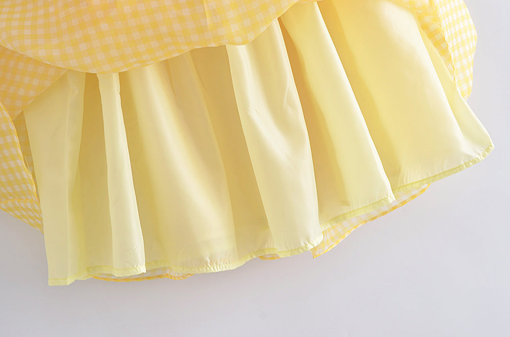 Yellow Plaid Puff Charming Babydoll Mini Dress