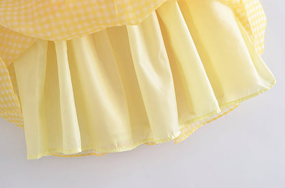 Yellow Plaid Puff Charming Babydoll Mini Dress