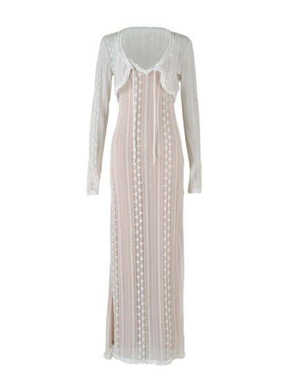 White Lace Mesh Layered Graceful Long Sleeve Maxi Dress