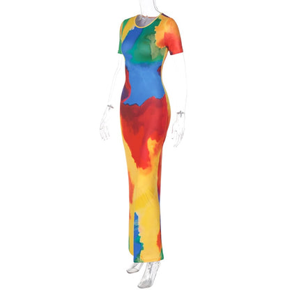 Short Sleeve Rainbow Tie Graceful Dye Print Maxi Dress