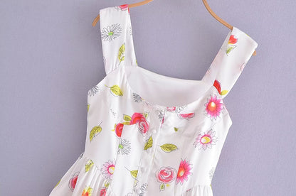 White Flower Print Charming Short Sleeve Mini Dress