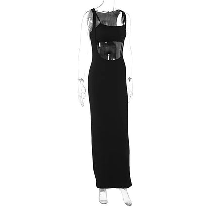 Ribbed Bandeau Deep Neck Graceful Layered Strap Long Dress