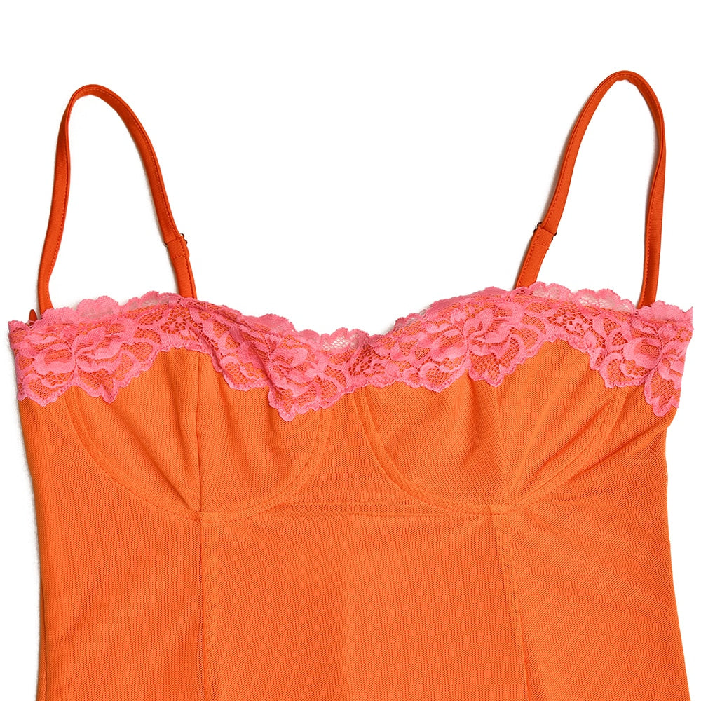 Orange Mesh Lace Charming Patchwork Cami Maxi Dress