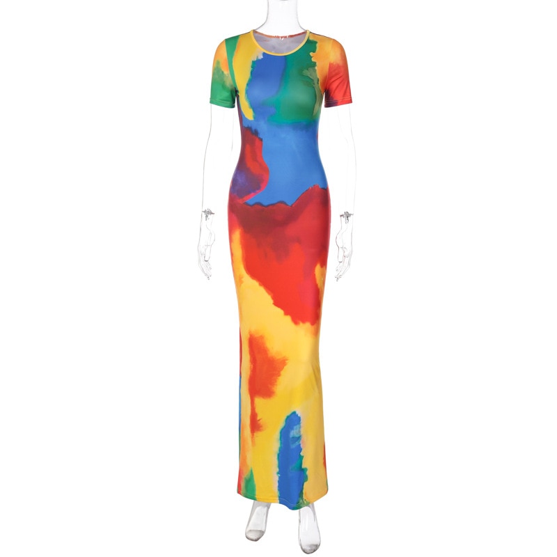 Short Sleeve Rainbow Tie Graceful Dye Print Maxi Dress