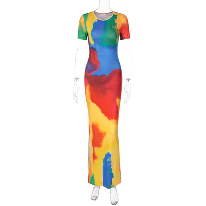 Short Sleeve Rainbow Tie Graceful Dye Print Maxi Dress